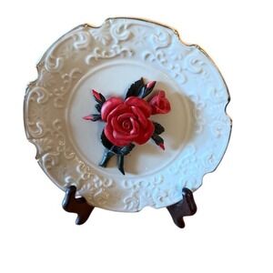 Vtg Decor Plate Raised Red Rose Gold Trim 7in USA commemorative art gallery